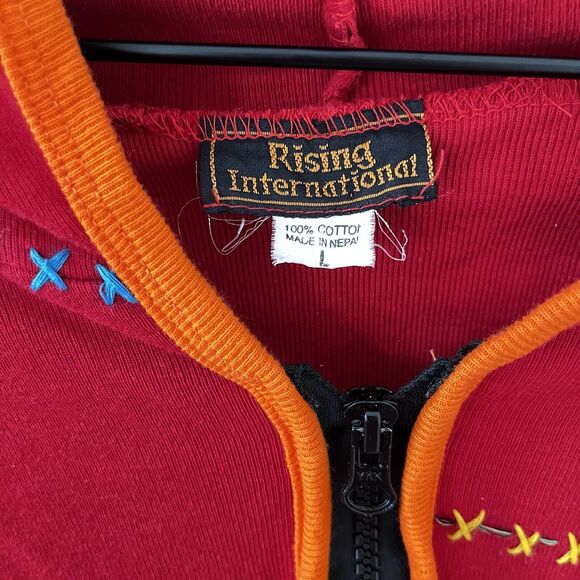 Rising International 100% Cotton Embroidered Red Zip Up Hoodie - Large - Picture 3 of 5